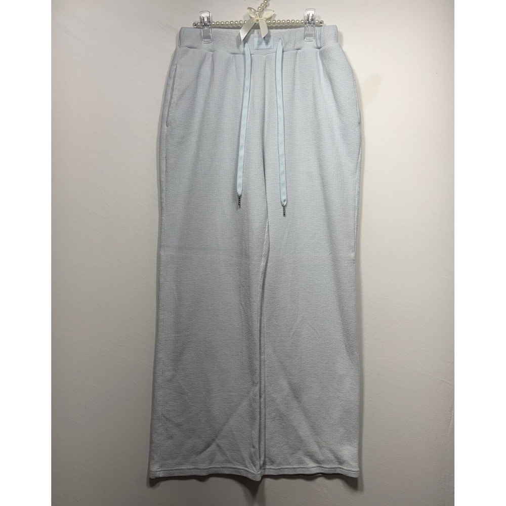 Comfrt Waffle Lounge Pants Light Blue Wide Leg Drawstring, Size Large